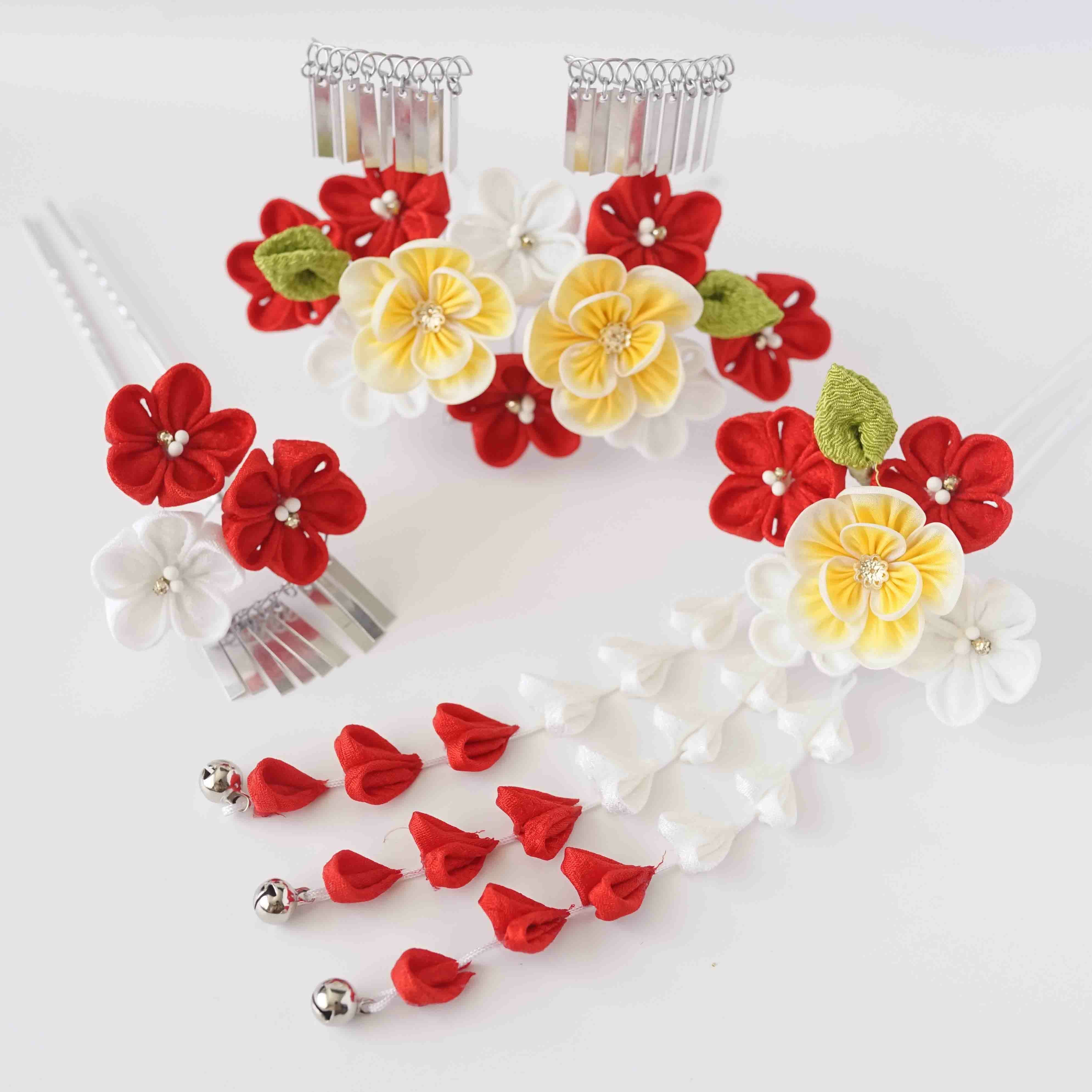 七五三髪飾り 八重梅付き 勝山三点セット（黄色） | かづら清老舗