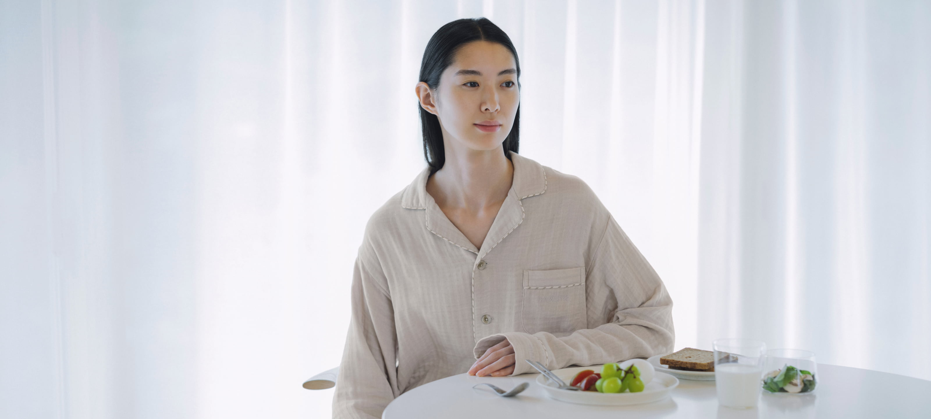 BAKUNE パジャマ ガーゼ / 上下セット（長袖バンドカラーシャツ