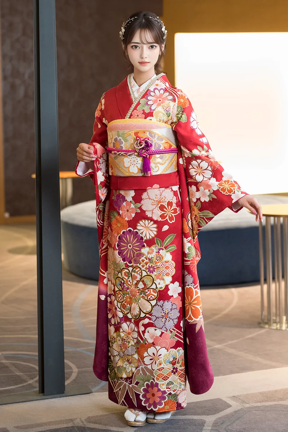 赤地菊に流水［FS0775］ - 成人式振袖レンタル・販売のふりそでエイト