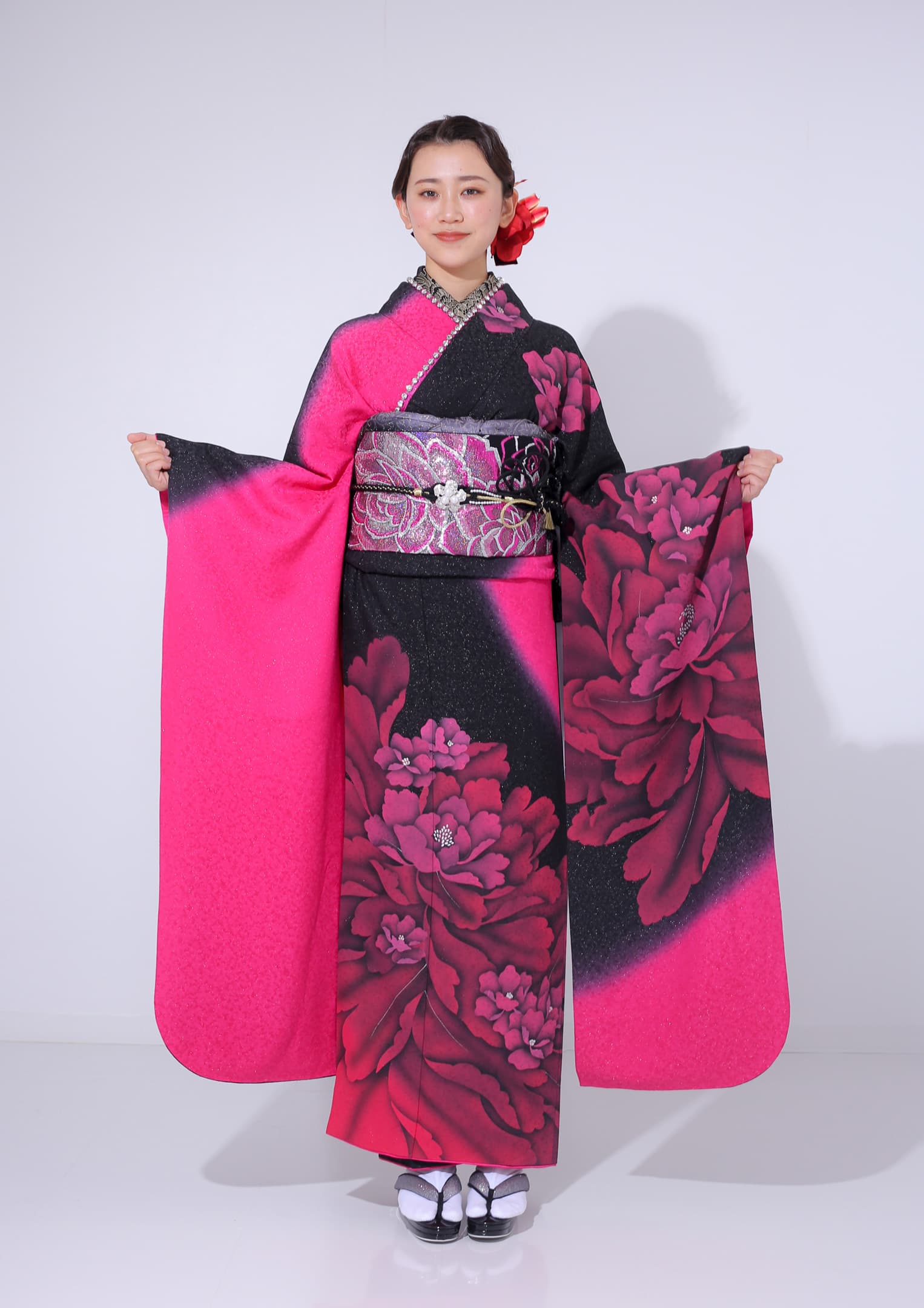 振袖ネットレンタル：グラマラス】ピンクブラック/C-004 – kimono