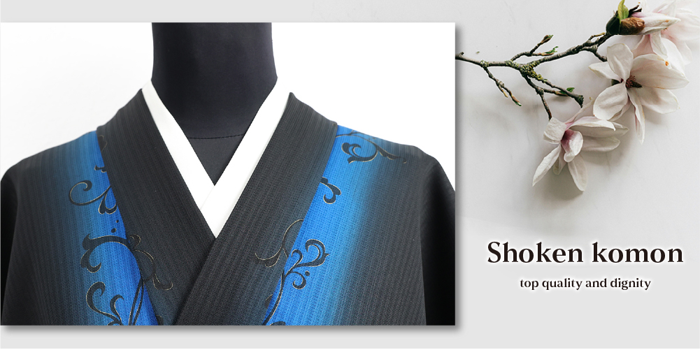 正絹 着物 小紋 丹後ちりめん 蔦模様 ぼかし染 黒×青