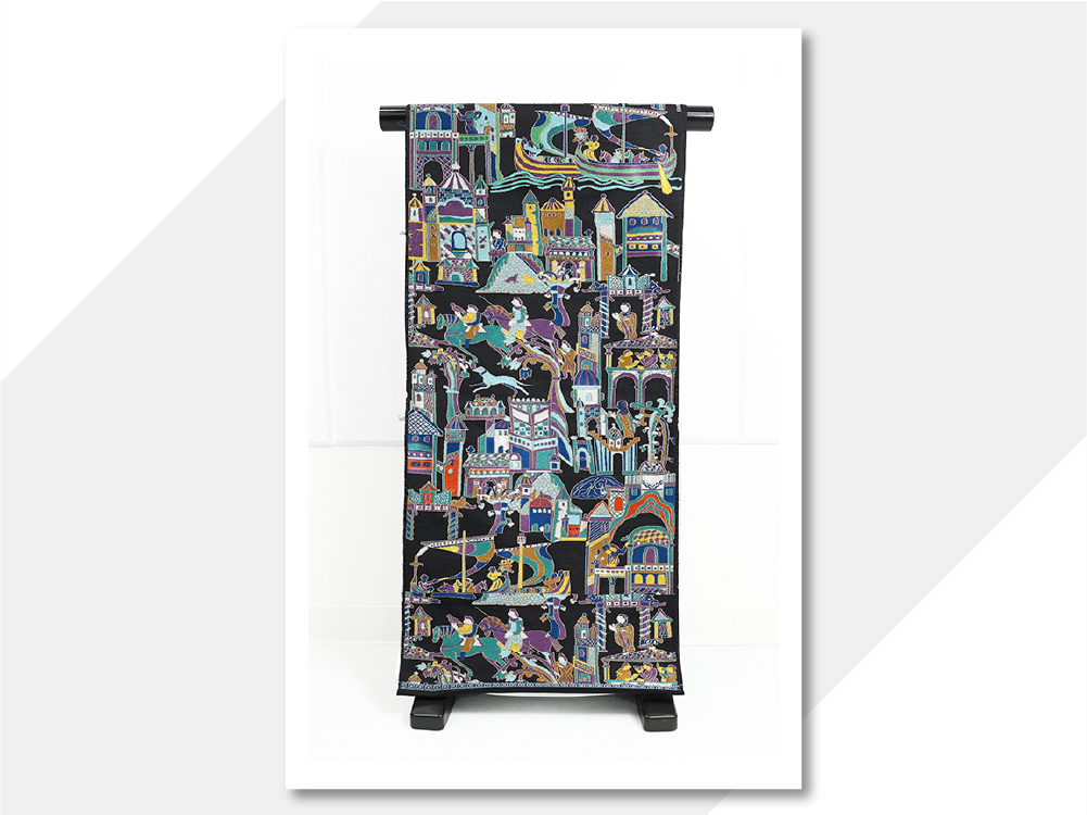 京都 西陣 白綾苑大庭 正絹 九寸名古屋帯 千夜一夜 黒×マルチカラー