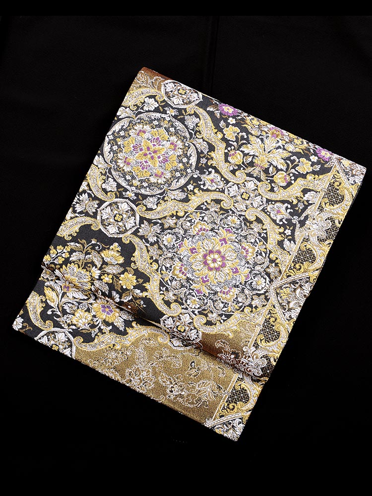 高級帯レンタル】obi-26-294 西陣織 黒地正倉院文様 サイズ 正倉院文様