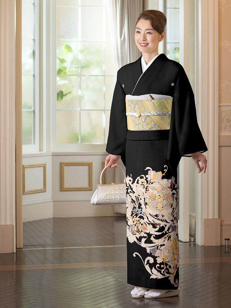 高級黒留袖レンタル】t-652 最高級京友禅黒留袖・ビジュー宝相華文 L