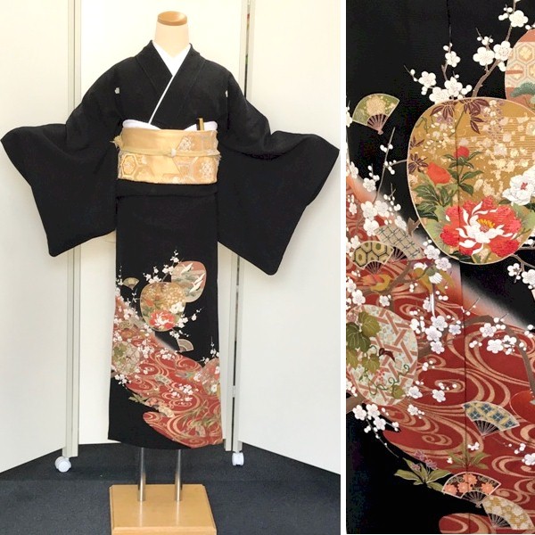 黒留袖レンタル｜単衣6月・9月｜牡丹刺繍・流水・扇子柄｜着物レンタルゆき