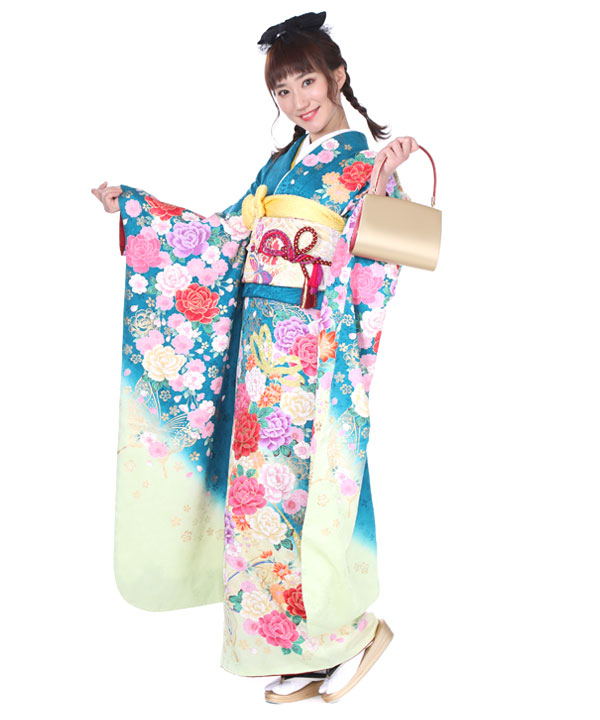振袖レンタル｜青緑に薔薇蝶｜F0201｜LL｜宅配着物レンタル・一式フル