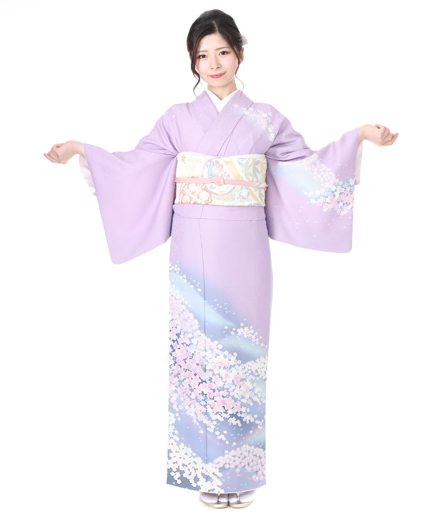 訪問着レンタル｜薄い紫に紺色ぼかし桜小花｜H0119｜L｜宅配着物