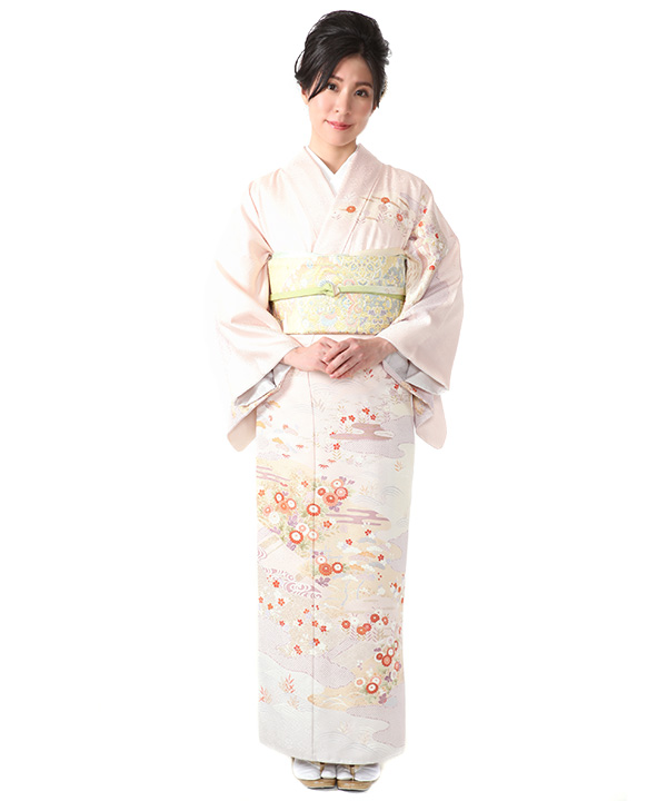 訪問着レンタル｜桜色に霞取り四季草花｜H0194｜M｜宅配着物レンタル
