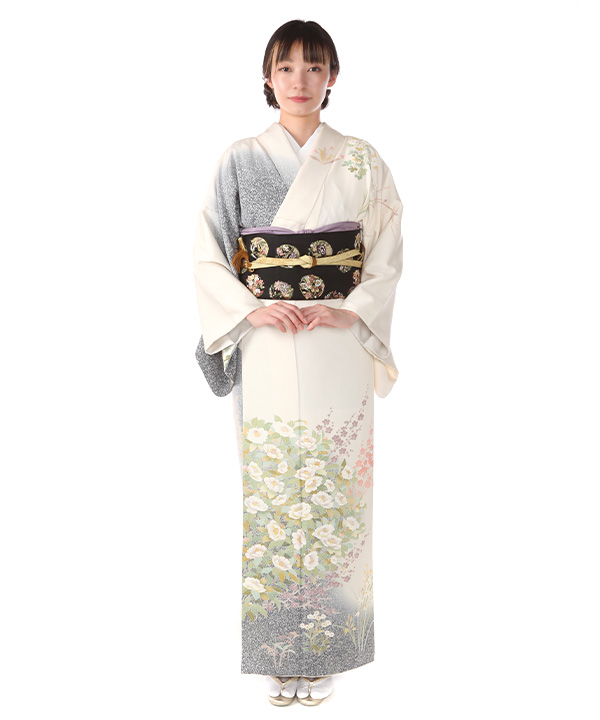 訪問着レンタル｜白に梅椿｜H0338｜L｜宅配着物レンタル｜きものレンタリエ