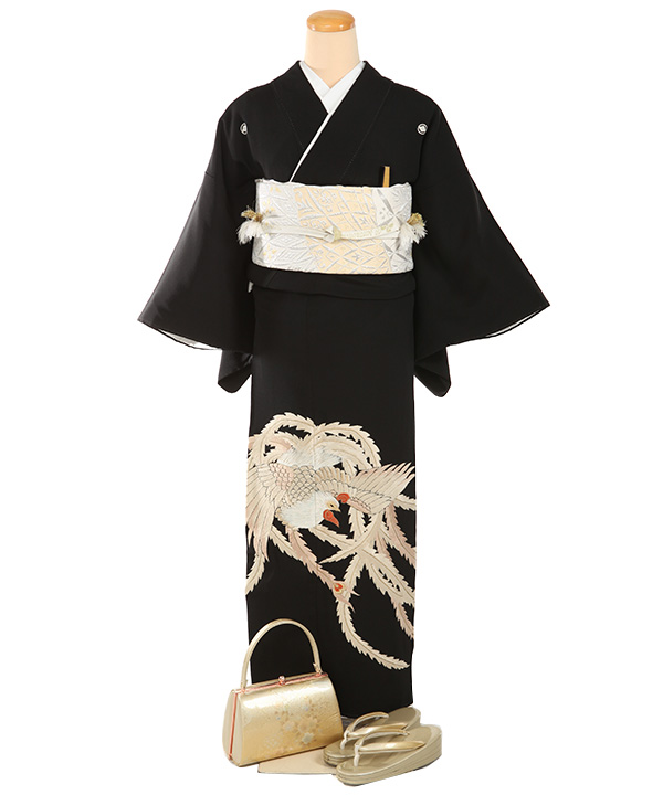 黒留袖レンタル｜鳳凰 刺繍｜T0193｜S｜宅配着物レンタル・一式フル
