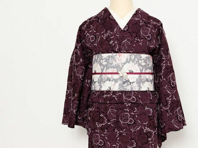 レンタル＞レース刺繍着物-葡萄-葡萄酒+リバーシブル半幅帯-退屈と