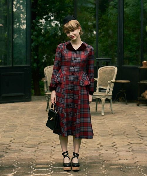 別珍ラペルペプラムチェックワンピース/an another angelus