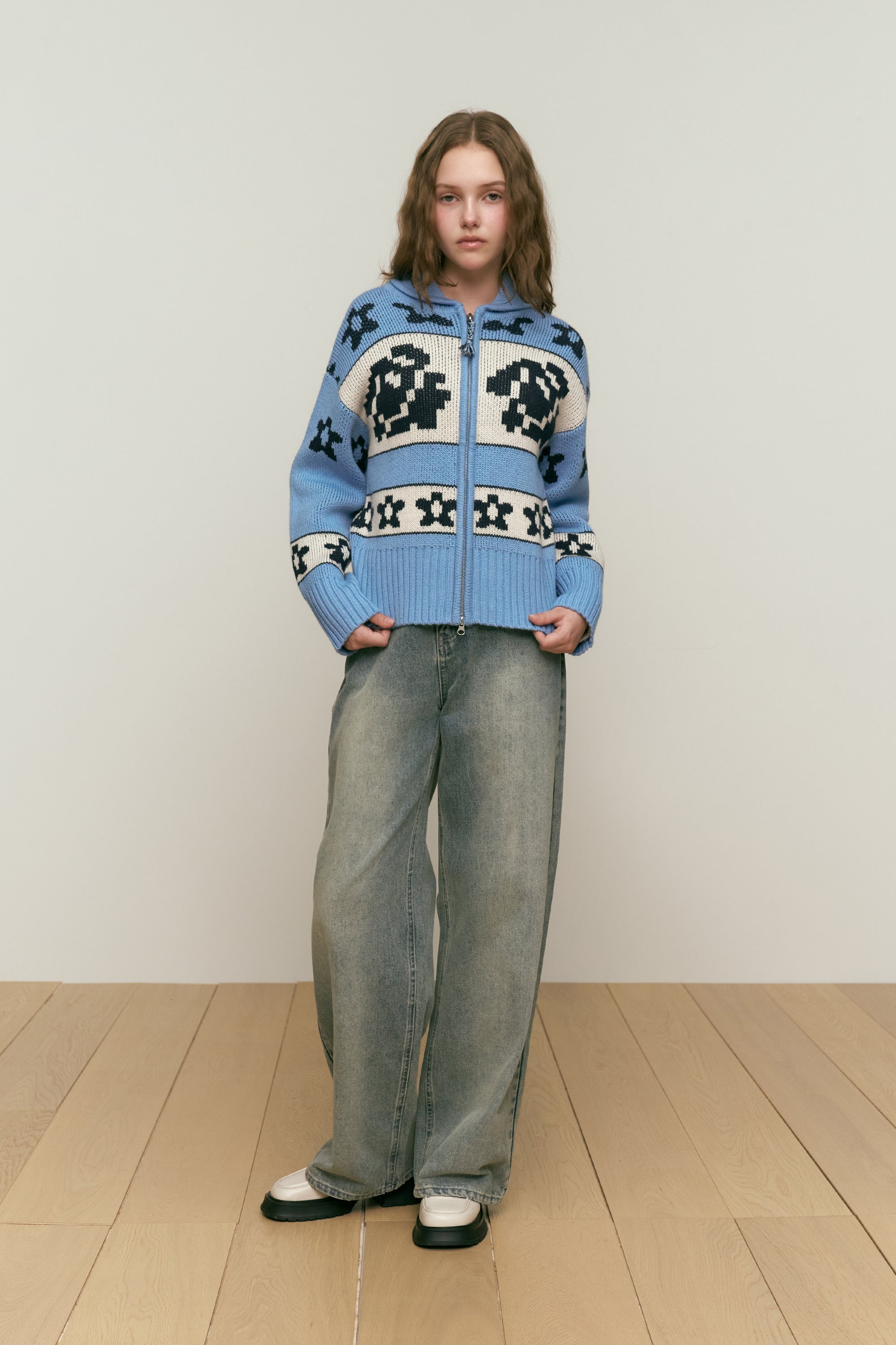 ウールカウチンニットジップアップ【ブルー】