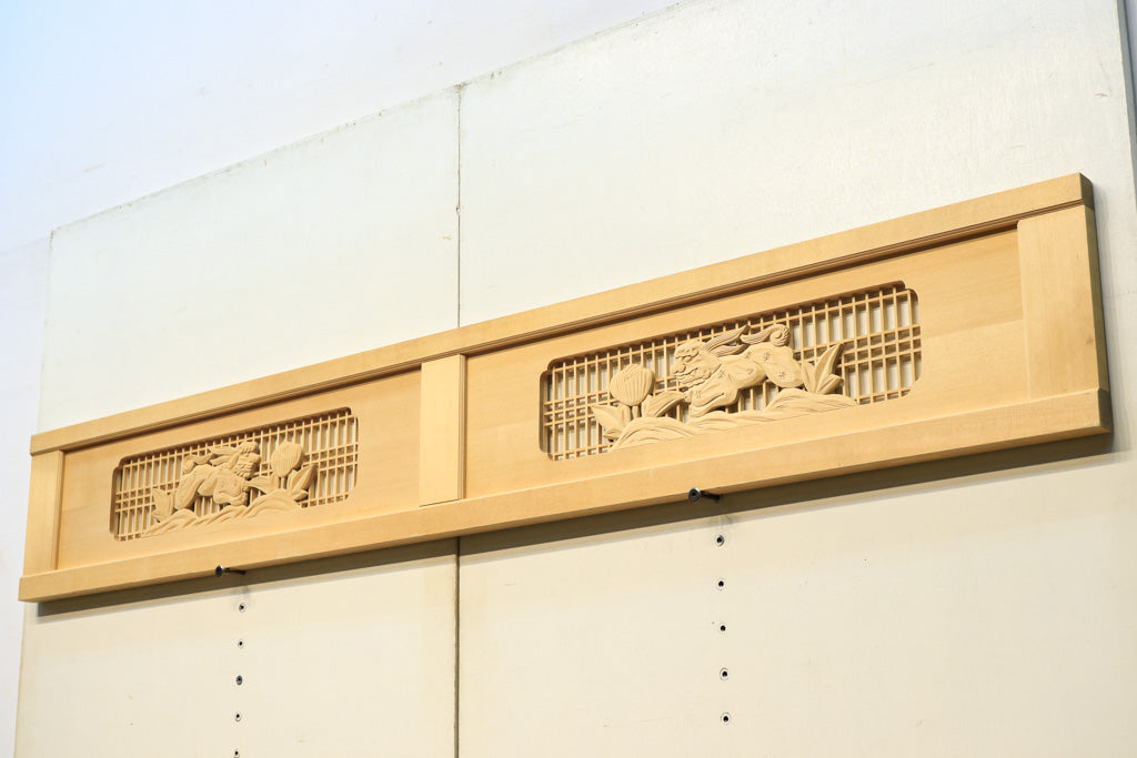 唐獅子牡丹を描いた木地色の欄間 E9721 在庫1枚 – 古福庵 [ KOFUKUAN