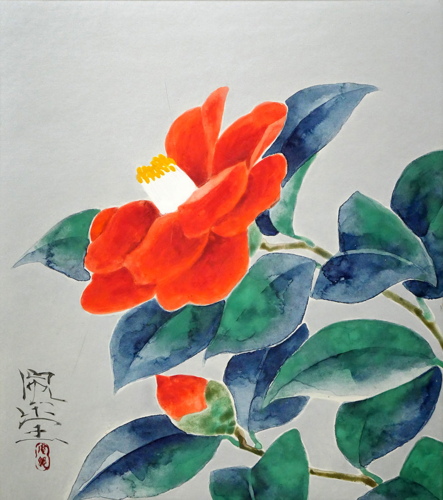 富取風堂「椿花」日本画・色紙 絵画買取・販売の小竹美術