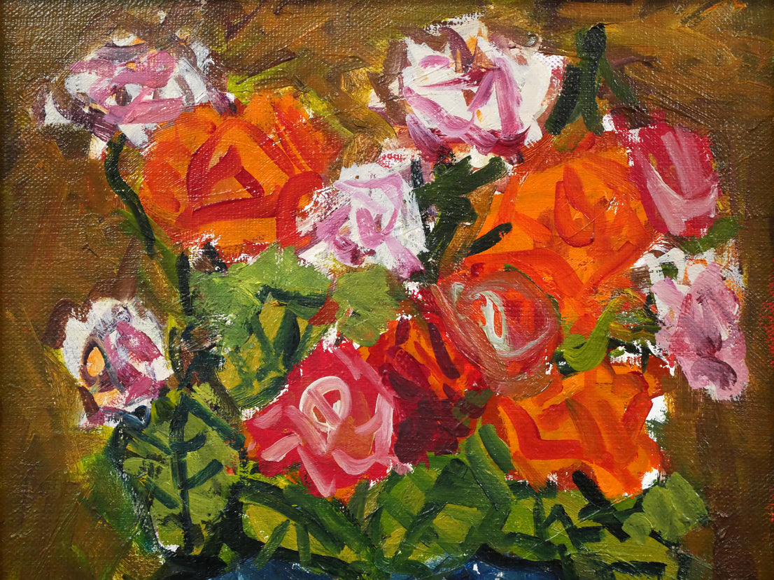 早稲田員久「バラ」油絵・コラージュ・F4号 絵画買取・販売の小竹美術