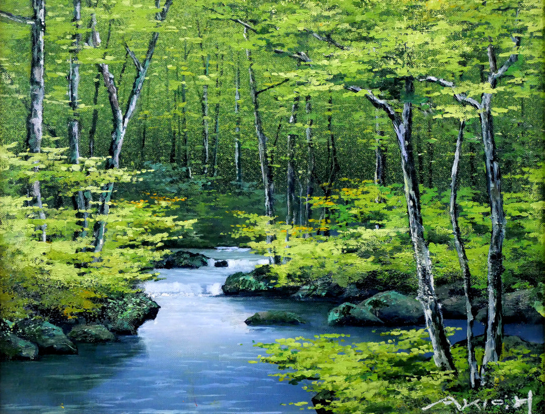 原田彰夫「緑韻」油絵・F6号 絵画買取・販売の小竹美術