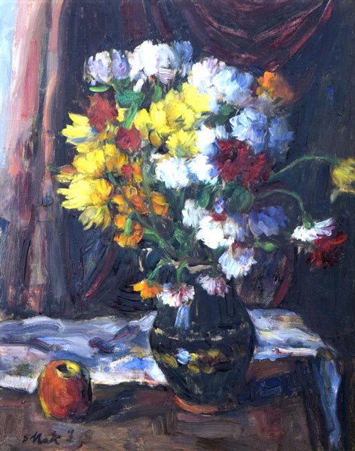 P バック「りんごと花の静物」油絵・変形20号 絵画買取・販売の小竹美術