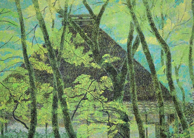 勝田幸男「新緑祇王寺（京都）」粒画 絵画買取・販売の小竹美術