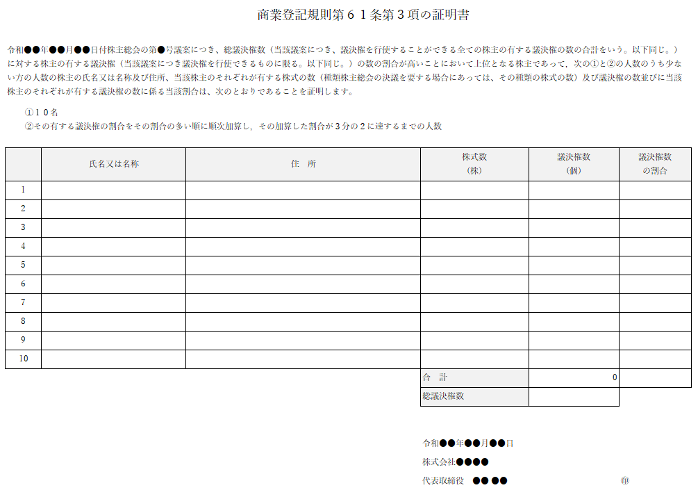 株主リストの【無料】テンプレート（商業登記第61条3項の証明書