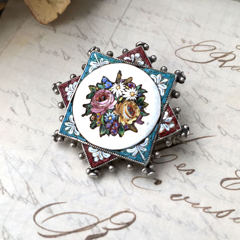 マイクロモザイクのシルバーブローチ - アンティーク k-nuts