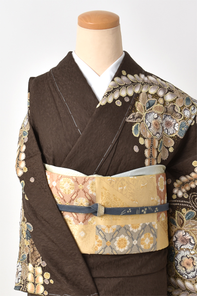 訪問着[鶯茶色に辻が花風]｜着物レンタルあき (来店着付け無料・全国