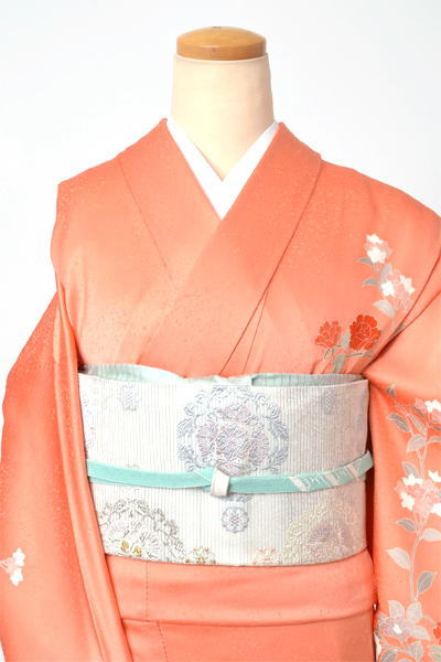 単衣訪問着[朱色地の牡丹模様]｜着物レンタルあき (来店着付け無料