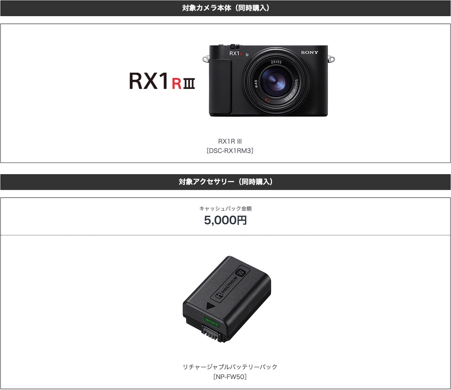 レンズ一体型フルサイズコンパクトカメラ「DSC-RX1RM3」とバッテリー