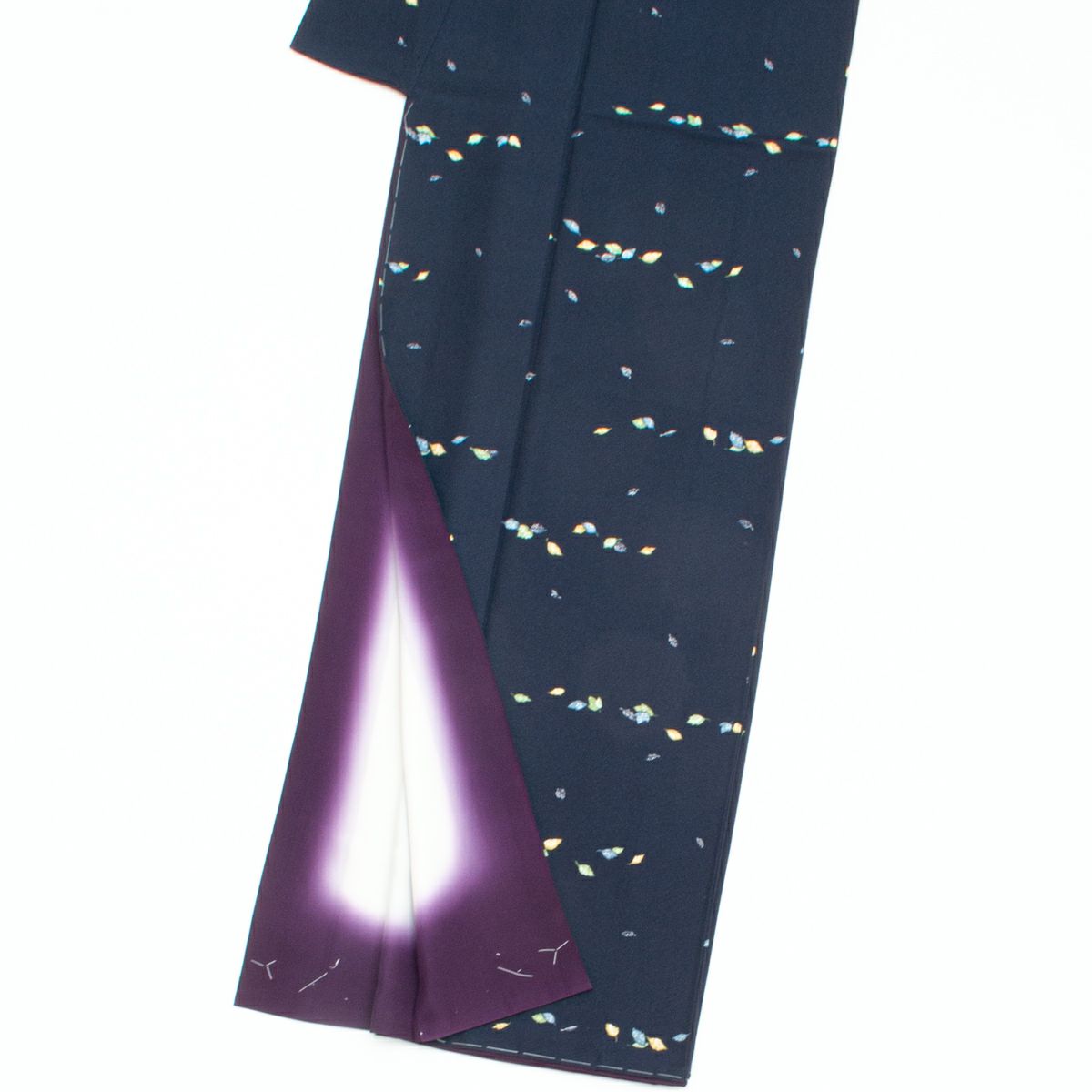 未使用品】飛び柄小紋 友禅 葉 冨貴寄文様 濃紺 正絹 袷 身丈：約162cm