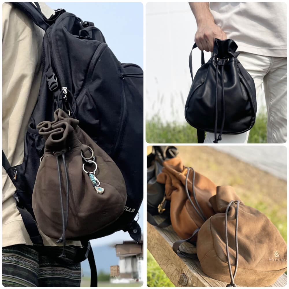 エゾ鹿革の巾着ミニショルダーバッグ | 天然エゾ鹿革のレザレクション