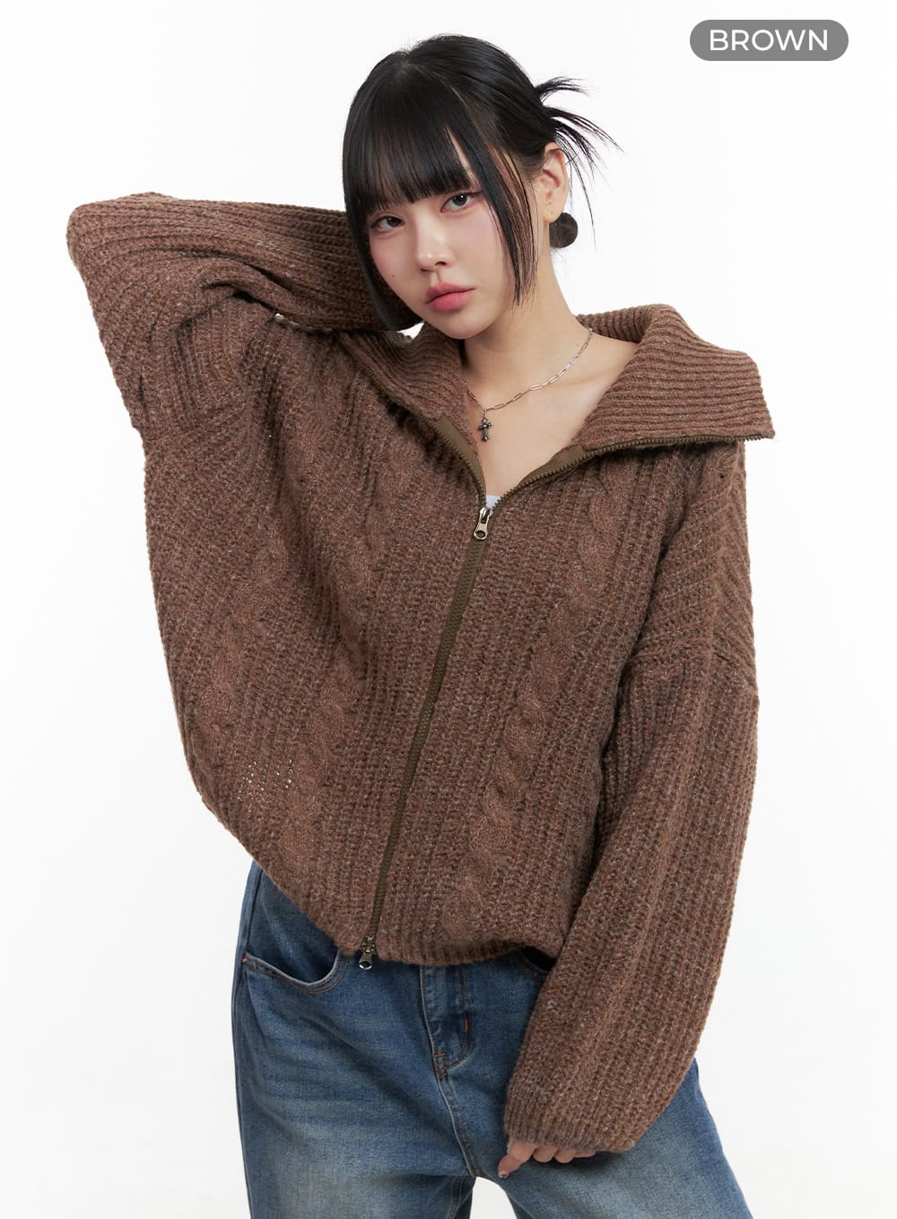 Oversized Cable Knit Zip-Up Sweater OS410 - Korean Women's Fashion
