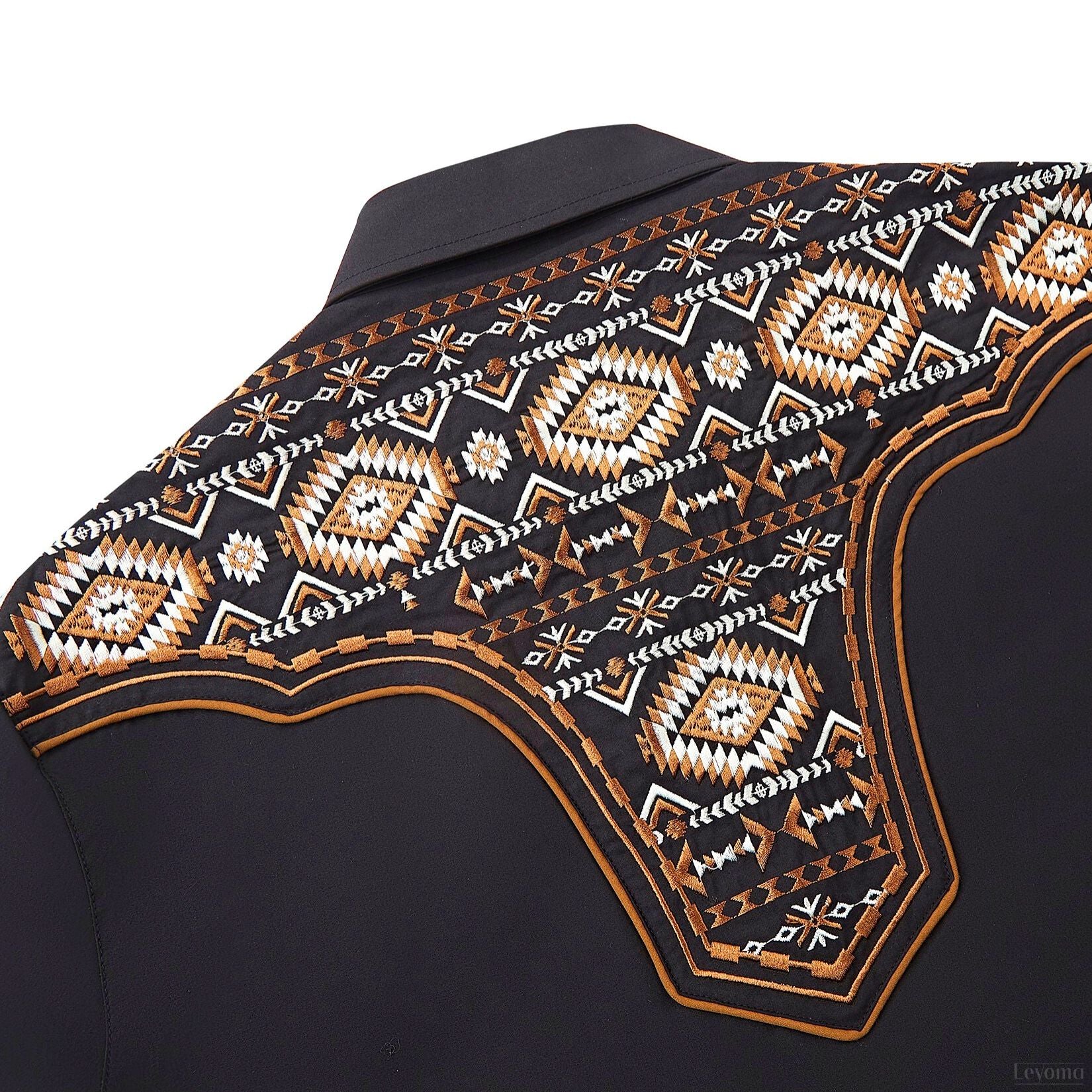 Men's Black & Orange Aztec Pattern Embroidered Western Cowboy