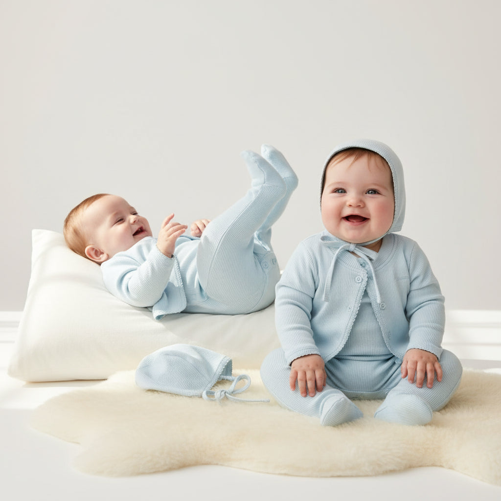 Parni Light Blue Baby Velour Cardigan Set + Bonnet Gift Box