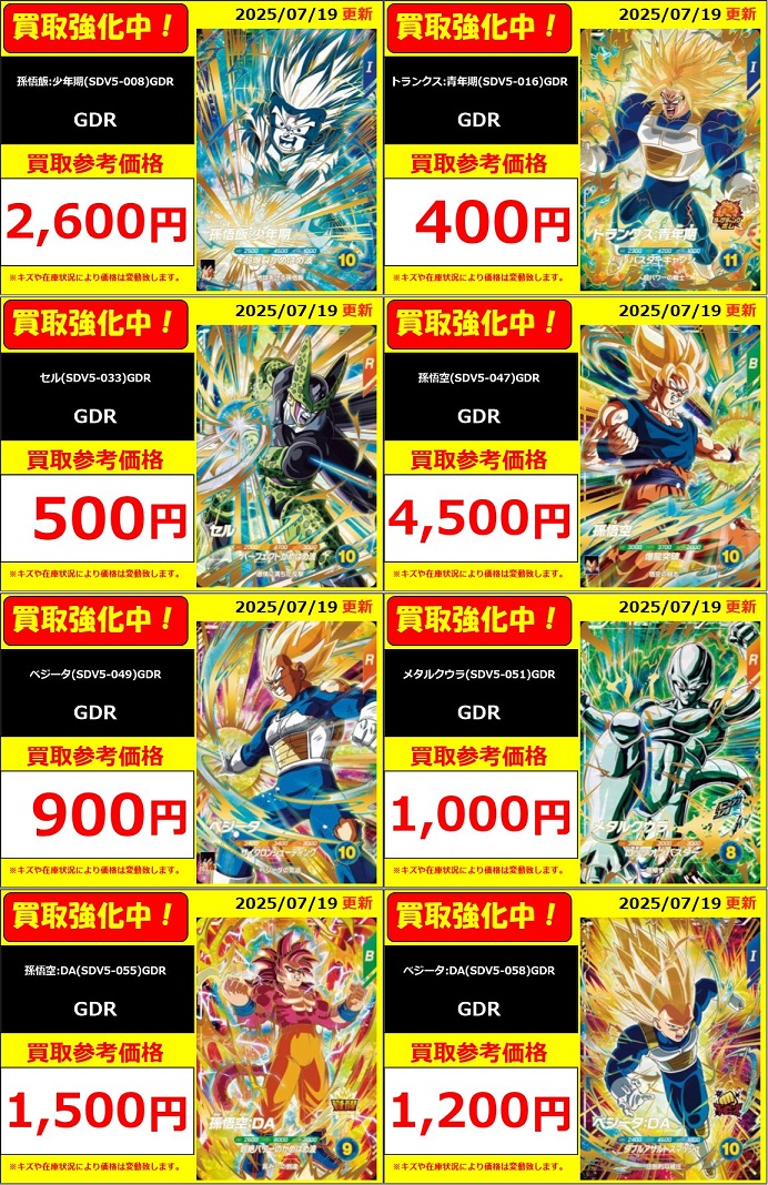 DBSDV5弾 発売3日目のメルカリ・買取相場 (前回との価格比較