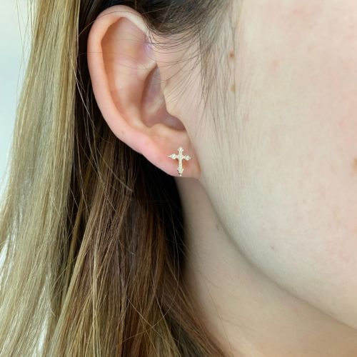 PETITE GOTHIC CROSS PIERCE Silver / Zirconia PIERCED EARRINGS