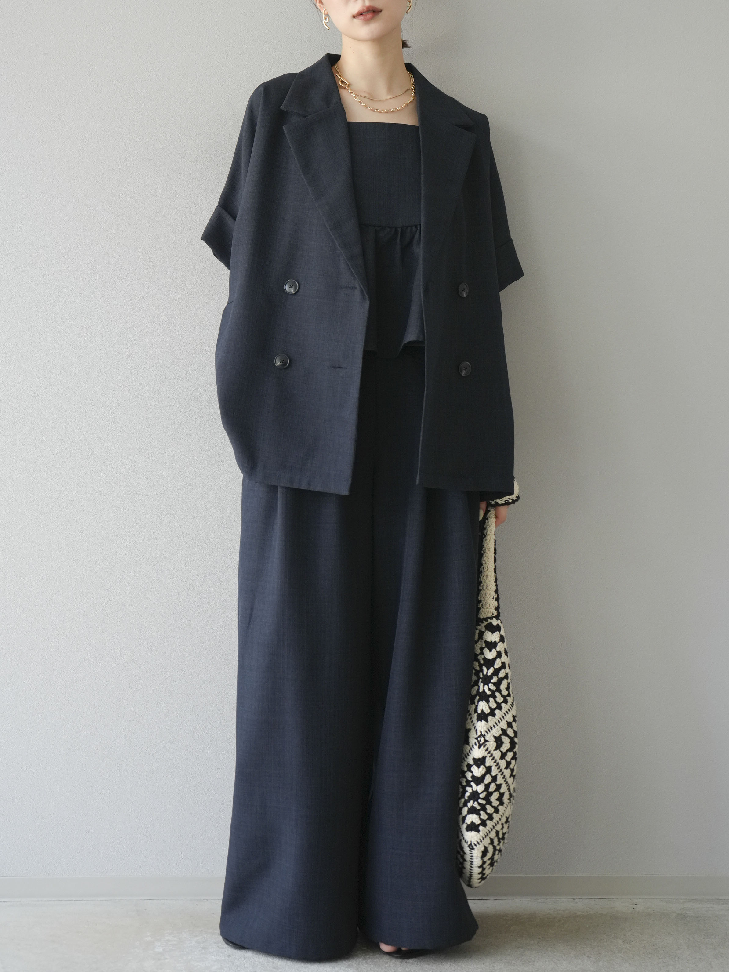 SET]リネンライクハーフテーラードジャケット+リネンライクビスチェ+