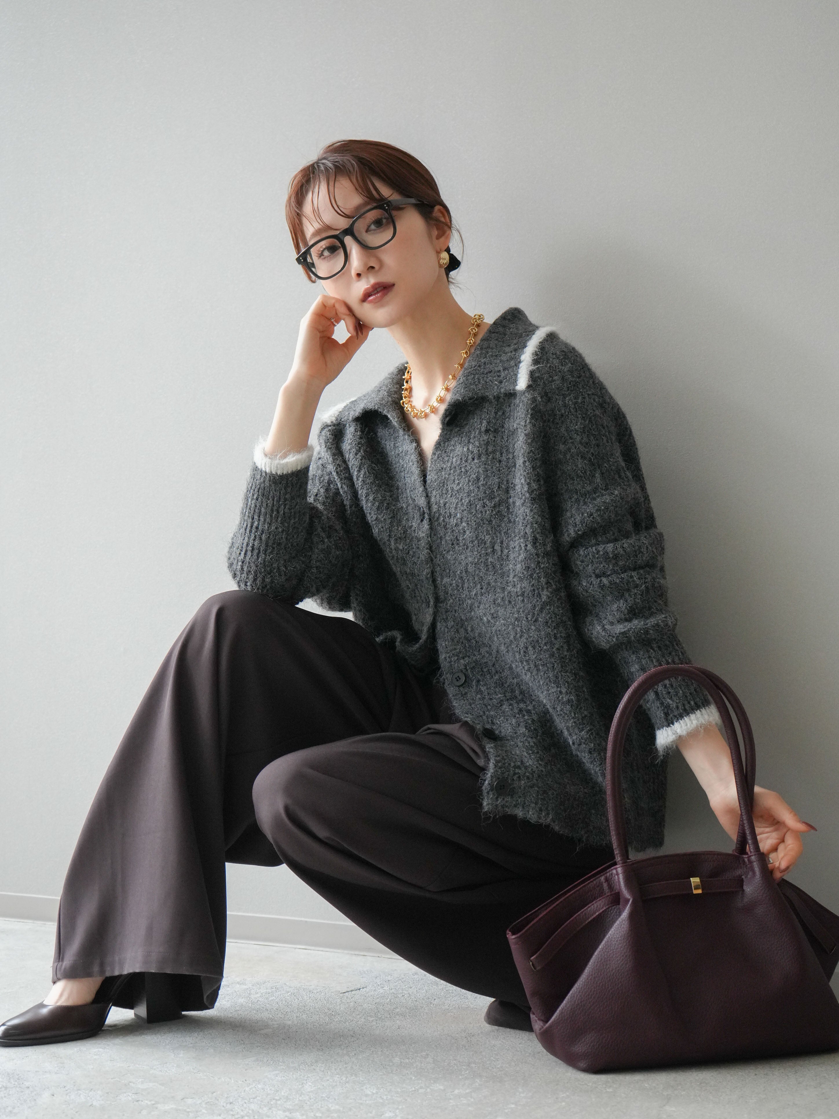 予約]襟付きバイカラーミックスニットカーディガン/gray – Lumier