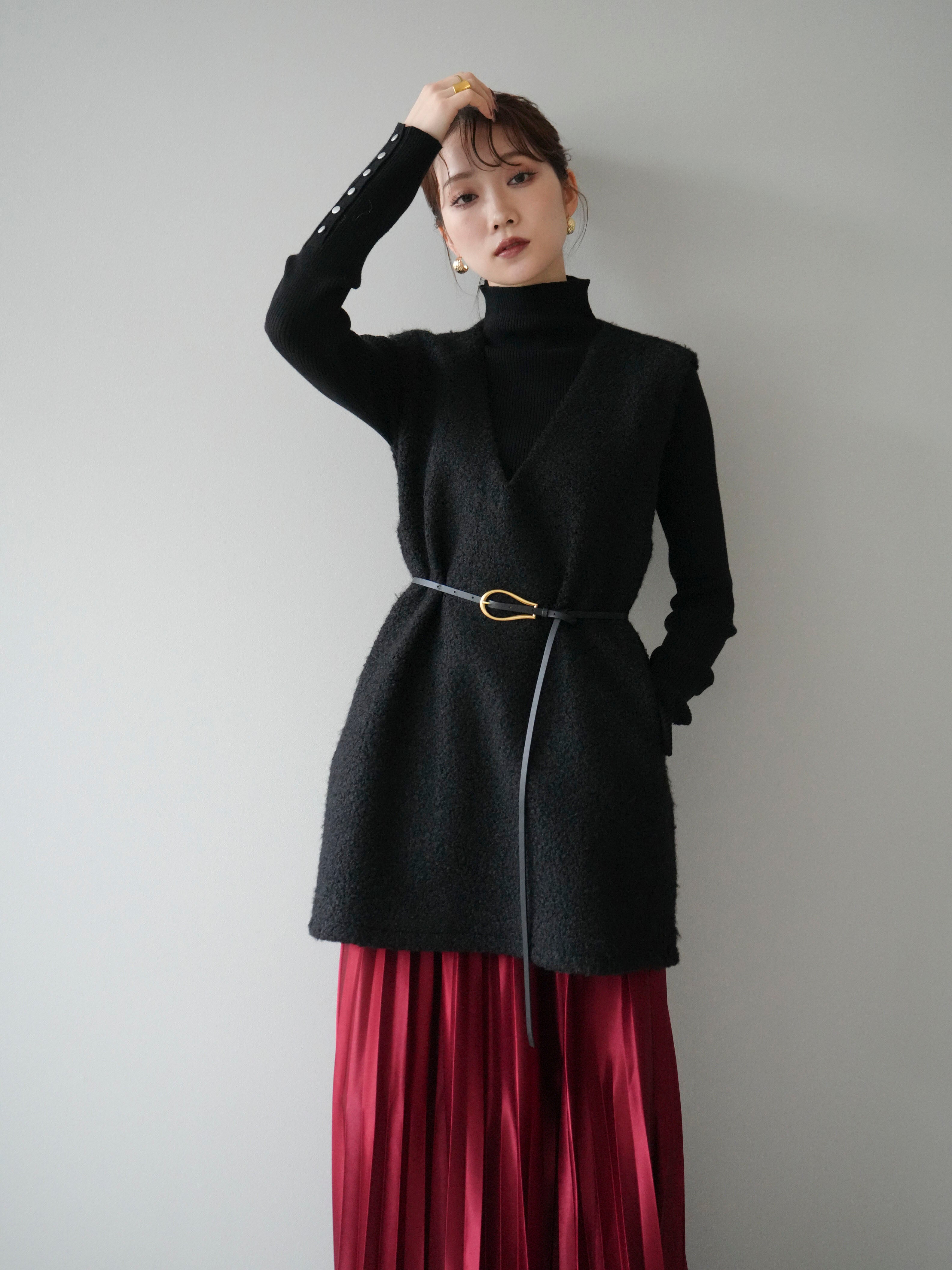 SET]ミックスループヤーンニットミニワンピース+袖ボタンボトルネック