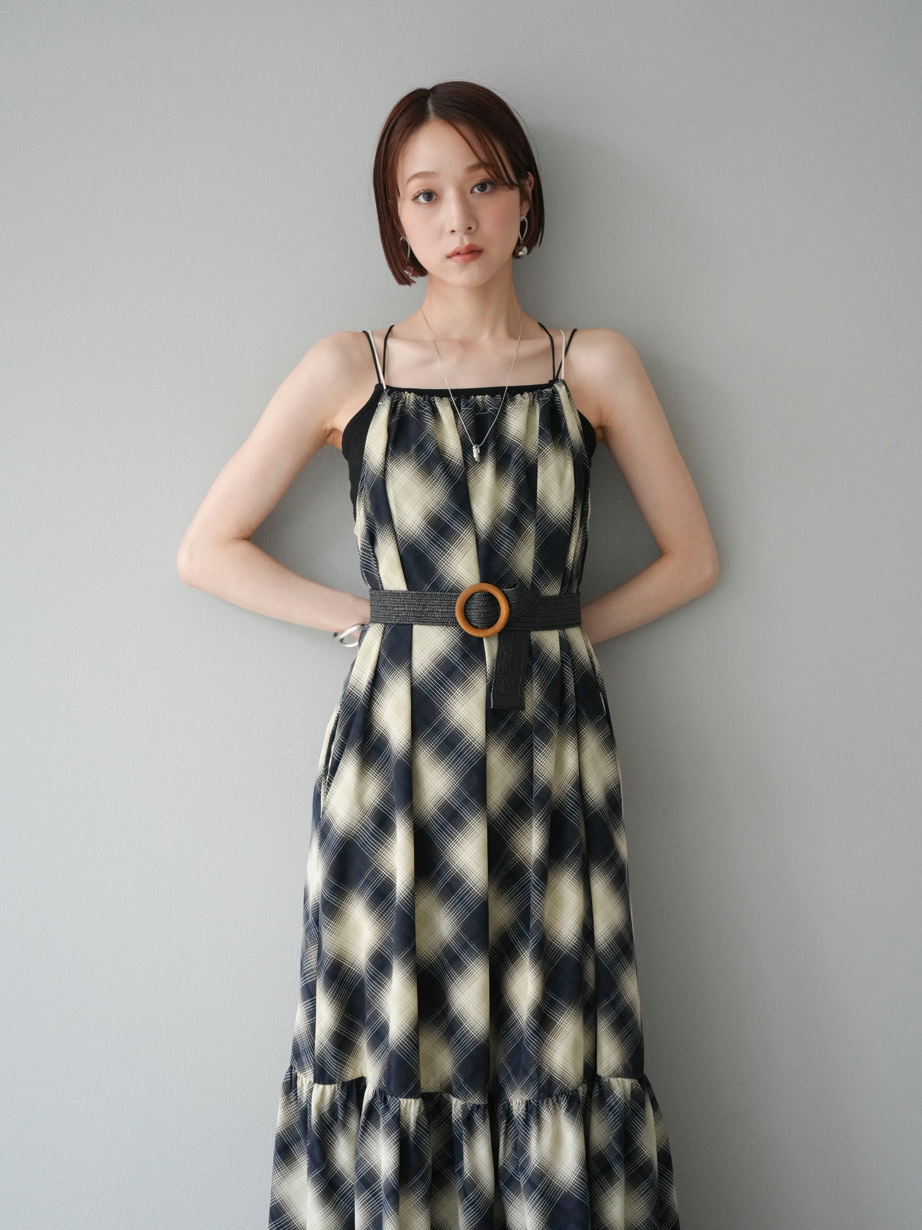 予約]ベルト付チェックノースリーブワンピース/ブルー – Lumier