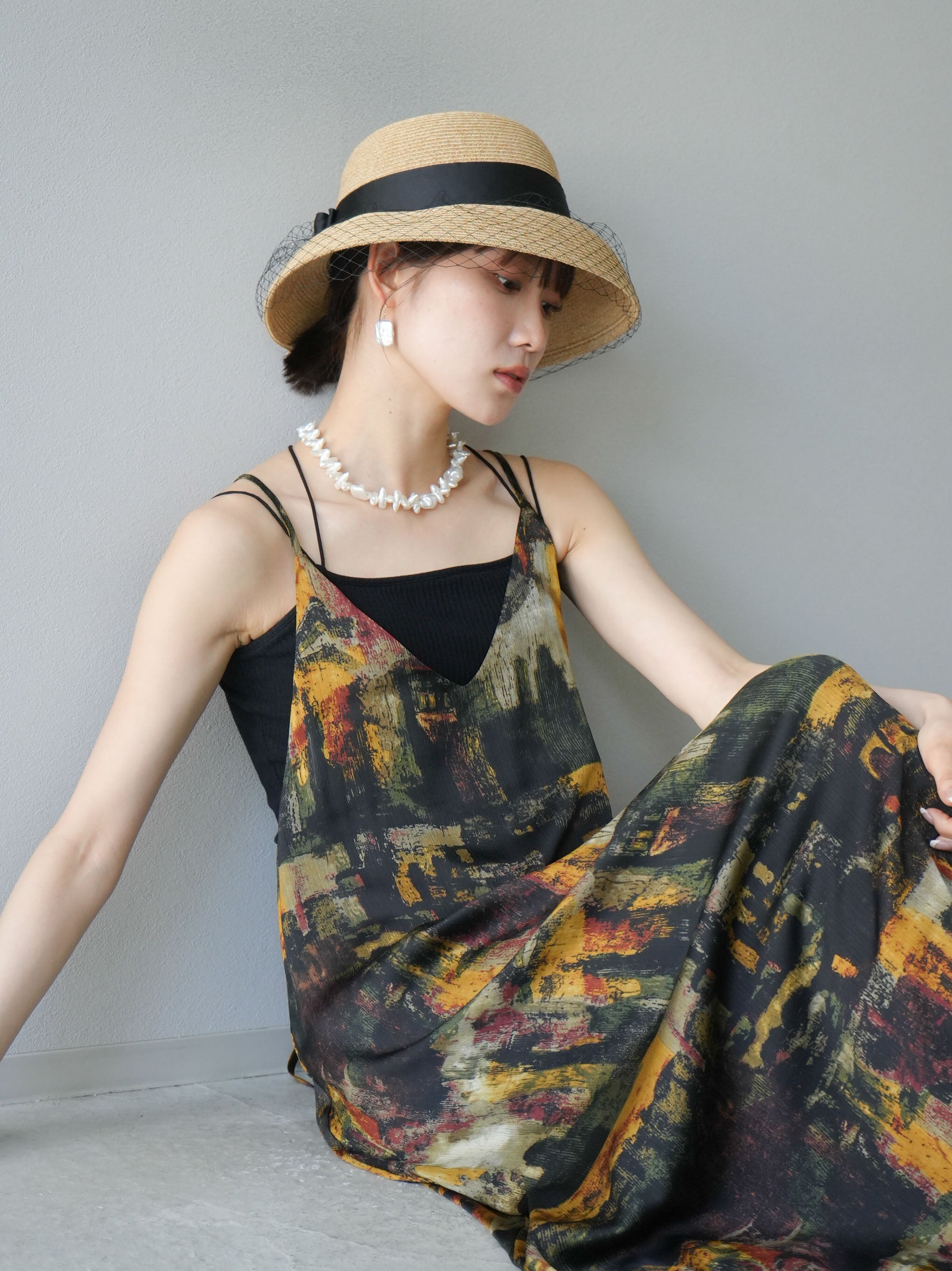 SET]ニュアンス柄バッククロスキャミワンピース+ダブルストラップ