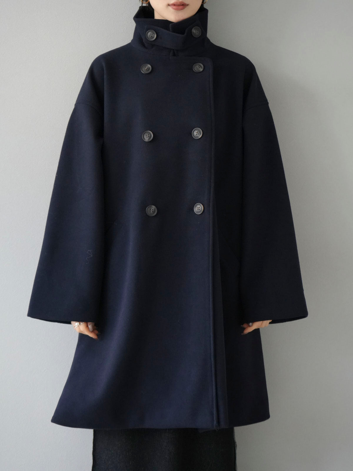 予約]ウールタッチフレアミドルコート/ネイビー – Lumier