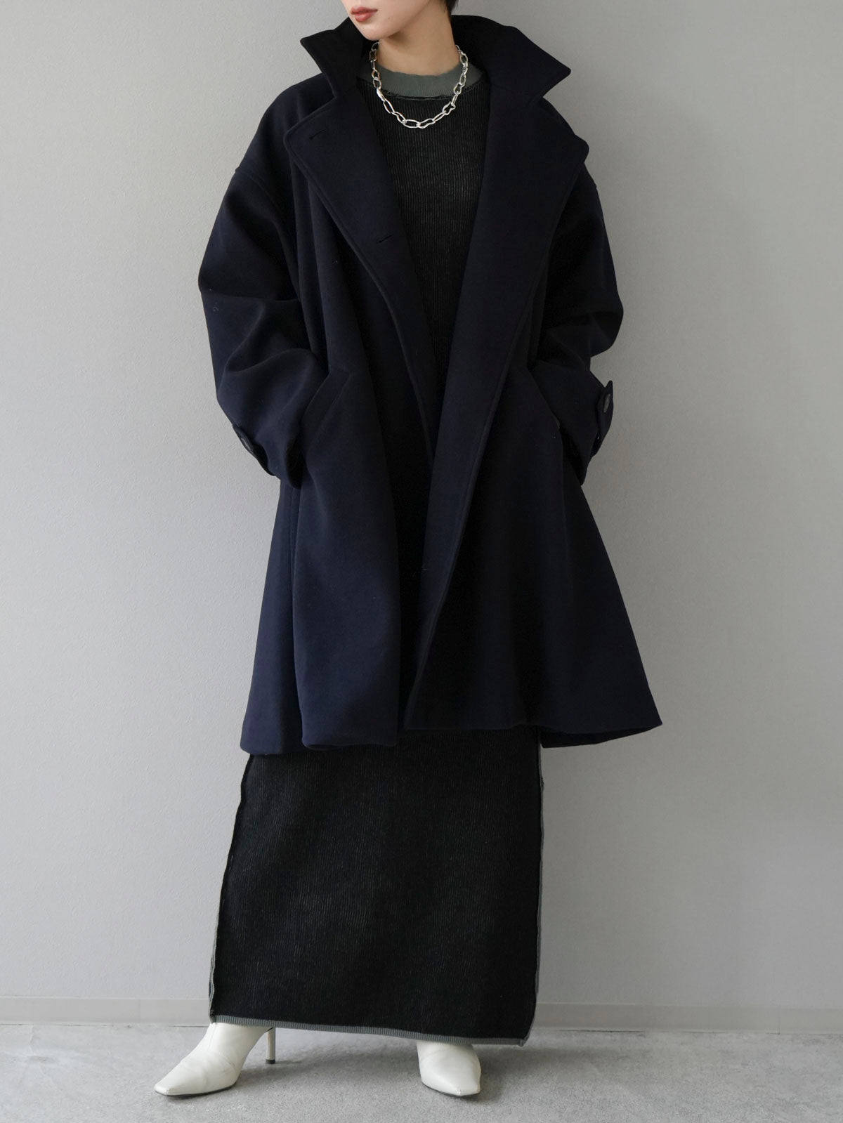 予約]ウールタッチフレアミドルコート/ネイビー – Lumier