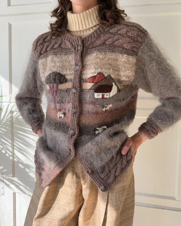80s Brown Pastoral Mohair Cardigan | L - Lucky Vintage