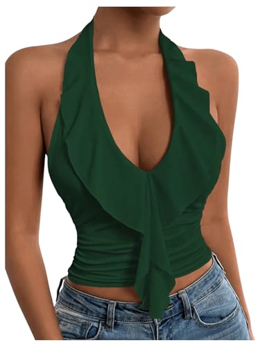 SOLY HUX Women's Ruffle Trim Halter Tops Ruched V Neck Sleeveless