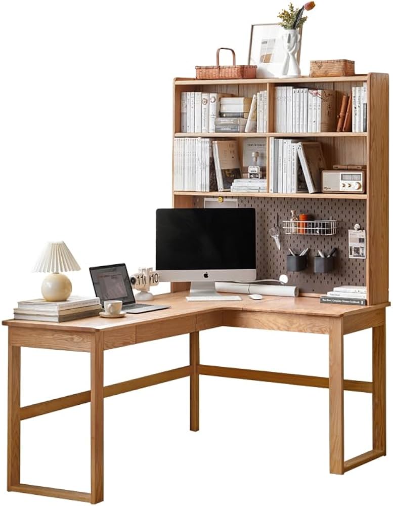 Amazon | YESWOOD コーナーデスク L字型 無垢オーク材 ラック付き PC
