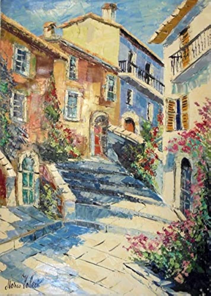 Amazon.co.jp: イタリア絵画 油絵 マルコ 作 「小さな村の路地」風景画