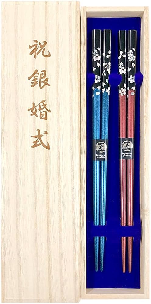 Amazon | 夫婦箸 【銀桜花（青・赤）】 国産桐箱・ラッピング付き
