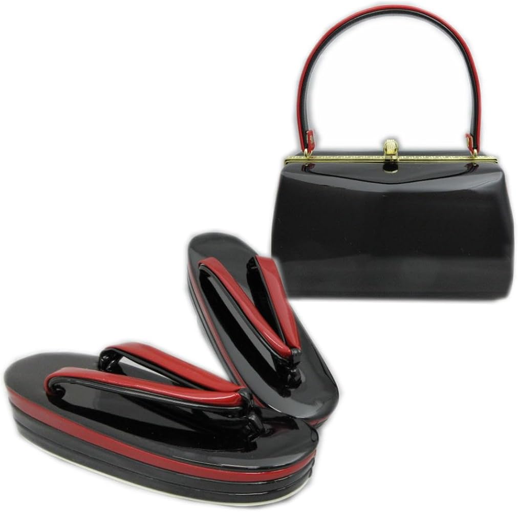 Amazon.co.jp: 草履バッグセット エナメル 角丸型 黒（赤） フリー