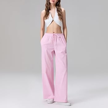 Kiluex Women Wide Leg Striped Pants Y2k Elastic Waist Drawstring