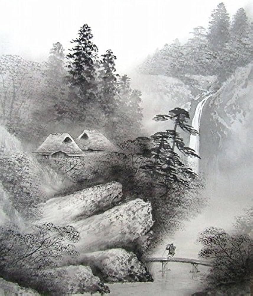 Amazon.co.jp: 今村景光『水墨山水』日本画 掛け軸 風景画 水墨画